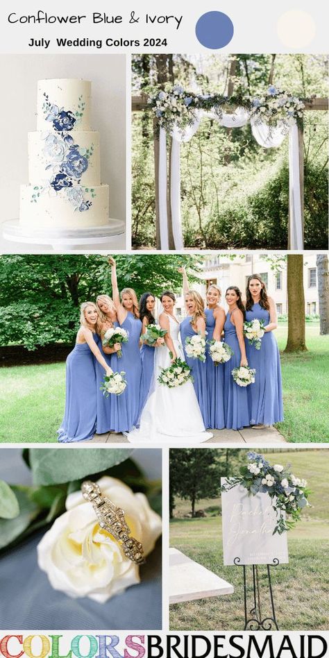 cornflower blue and ivory for july wedding color palettes for 2024, cornflower blue bridesmaid dresses, ivory bridal gown, white and cornflower blue flowers on wedding ceremony arch, wedding welcome sign and wedding table centerpieces, white wedding cake with cornflower blue cream decoration. #weddingcolors #weddingideas #julyweddings #summerweddings #colsbm #2024 #bridesmaiddresses #bluewedding #cornflowerblueandivory Wedding Pallets, Bridesmaid Dresses Ivory, Cornflower Blue Bridesmaid Dresses, May Wedding Colors, July Wedding Colors, Cornflower Blue Wedding, Hunter Green Bridesmaid Dress, Choosing Wedding Colors, Wedding Color Palette Summer