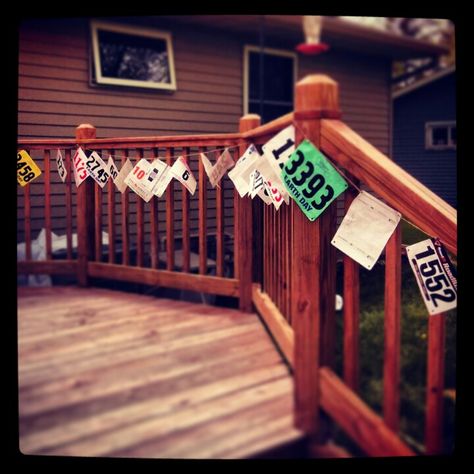 Now that high school graduation will be coming up soon, here is an idea of what I did for my grad party! I took all my running numbers and hung them up for display! Country Graduation Party, Memory Jar Graduation, Graduation Party Colors, Country Graduation, Graduation Table Centerpieces, Graduation Table, Graduation Table Decorations, 70th Birthday Decorations, Senior Graduation Party