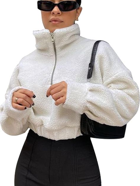 The crop top sweatshirt features long sleeves, ribbed cuffs, elastic hemline, stand collar style, loose fit, fleece lined for warmth White Teddy Jacket Outfit, White Jumper Outfit, Teddy Jacket Outfit, Hongkong Outfit, White Sweater Outfit, Half Zip Long Sleeve, Puffer Jacket Outfit, Pullover Half Zip, Jacket Outfit Women