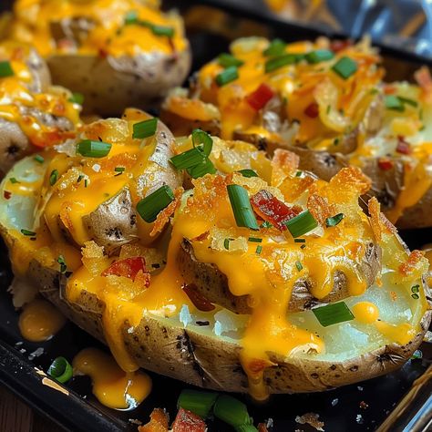 Easy and Cheesy Ranch Baked Potatoes Recipe - Grammy Recipes Grammy Recipes, Mediterranean Lunches, Easy Baked Potato, Sweet Potato Recipes Roasted, Cheesy Ranch, Ranch Potatoes, Stuffed Baked Potatoes, Roasted Potato Recipes, Bacon Potato