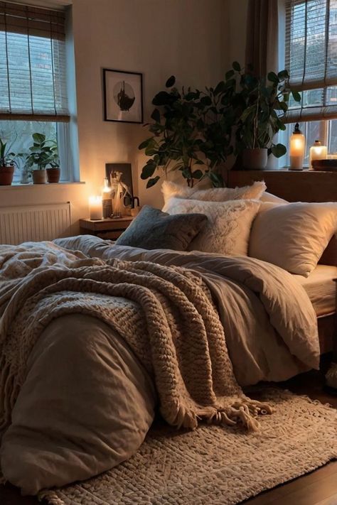 Modern cozy bedroom with contemporary design and cozy elements. Modern Cozy Bedroom, Cozy Bedroom Decor Ideas, Bedroom Decor Inspirations, Future Bedroom Ideas, Interior Decoration Ideas, Cozy Bedroom Decor, Bedroom Arrangement, Flat Decor, Dream Apartment Decor