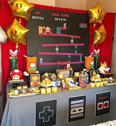 Nintendo Birthday Party, Nintendo Birthday, Arcade Birthday Parties, Arcade Birthday, Arcade Party, Nintendo Party, 80s Birthday Parties, Birthday Wishes For Her, Gaming Party