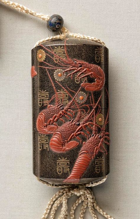 Lobsters. Artist: Somada. Japanese Inro. Edo Period (1615-1868). Gold and polychrome lacquer inro, coral ojime and wood netsuke. Nelson-Atkins Museum of Art. Japanese Artifacts, Inro Japan, Japanese Inro, Pirates Gold, Japanese Lacquer, Lobster Design, Japanese Lacquerware, Turning Japanese, Traditional Japanese Art