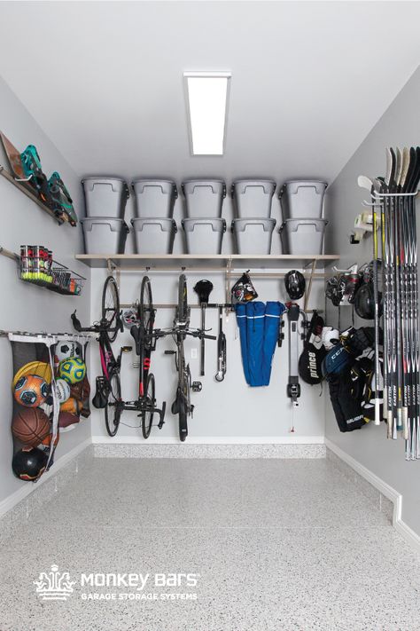 Single Car Garage Storage, Garage Sports Organization, Garage Toy Organization, Tiny Garage, Garage Shoe Rack, Scooter Garage, Garage Solutions, Sports Storage, Garage Organisation