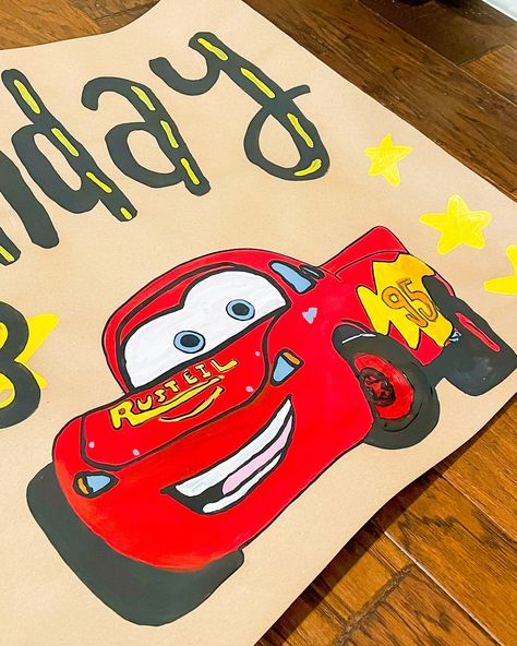 The cutest Cars themed banner! 🏁🏎️⚡️ Cars Birthday Banner, Disney Cars Theme, Banners Ideas, Painted Banner, Birthday Painting, Disney Cars Birthday, Car Themes, 2 Birthday, Cars Movie