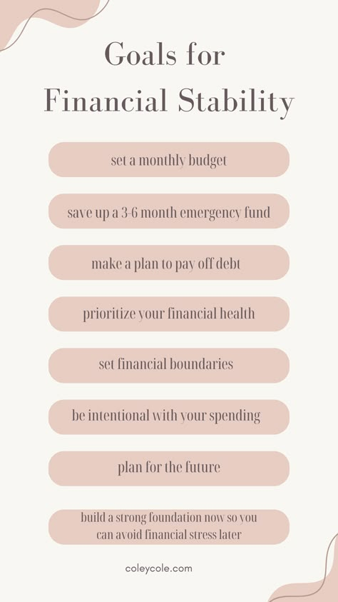 Build financial stability by setting goals that set a strong financial foundation. Budgeting, having an emergency fund, and paying off debt are a great start to financial freedom and stability. Prioritizing your financial health by setting financial boundaries and spending money intentionally help you build healthy financial habits that you can take into the future. Financial Savings, Finance Goals Ideas, Financial Discipline, Financial Goals Ideas, Financial Boundaries, Setting Financial Boundaries, Good Financial Goals, Financial Goals For Your 20s, Tips For Financial Success