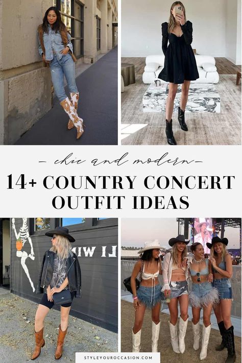 Looking for cute and modern country concert outfit ideas? You’ll love this list of country concert fits for spring, summer, fall, and cold weather winter! There’s casual outfits for women with jeans and cowboy boots, or more dressed up festival country concert outfits for 2023. Whether you prefer denim shorts and white boots, a little black dress, or a fringe jacket for a stagecoach outfit, you’ll love all these chic ideas! Country Concert Outfit Summer White Boots, Styling Short Cowboy Boots Women, Rodeo Outfits For Women 2023, Outfits With Cowboy Boots For Women Concert, Stagecoach Outfits Women, Country Concert Outfit Ideas 2023, Fringe Outfit Ideas, Cute Outfit With Cowgirl Boots, Outfits With Short Cowgirl Boots