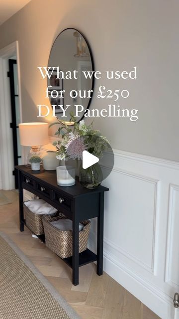 Sophie Higgs on Instagram: "PANELLING🤍 We used pine moulding and dado rail to create the DIY panelling in our hallway, it cost under £250 in total and is really easy to do

It’s such a cost effective way to completely transform a room. We decided on white paint for the panelling and then painted the top half of the walls the perfect neutral shade 

What are your thoughts on panelling do you think it’s here to stay? I love it I’m about to try ship lap panelling in my little girl, Darcie’s new bedroom 

Hope you have a lovely Sunday 
Sophie 😘

Moulding and dado rail @bandq_uk 
Paint on top half of walls @valsparpaintuk 
Paint on bottom half of walls @duluxtrade 
Console @amazonhome painted in @frenchicpaint 

#panelling #panelledwalls #diypanelling #hallwaydecor #hallwaydesign #panellingin Diy Hallway Panelling, Moulding Half Wall, Half Wall Panelling Hallway, Wall Molding Half, Wall Panelling Half Height, Easy Half Wall Panelling, Hallway With Dado Rail, Half Wall Paneling Ideas Hallways, Panelling In Living Room