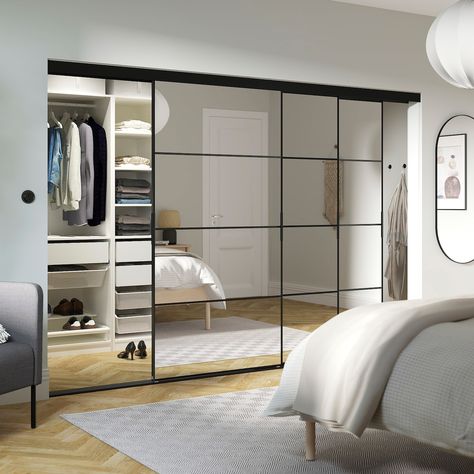 SKYTTA / PAX walk-in wardrobe with sliding doors, black/Auli mirror glass, 1085/8x63x801/2" - IKEA Ikea Pax Auli Wardrobe, Ikea Mirror Hack Closet, Dressing Sliding Doors, Modern Mirror Closet Doors, Glass Wardrobe Design Mirror Door, Ikea Mirror Door, Walk In Closet Door, Dressing Pax, Dressing Ikea