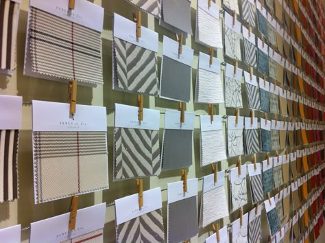 Love the fabric swatches at the Janus et Cie SF showroom Fabric Swatch Display Ideas, Fabric Samples Display, Swatch Display Ideas, Fabric Display Ideas Showroom, Fabric Decoration Ideas, Fabric Sample Display, Swatch Display, Fabric Swatch Display, Fabric Showroom