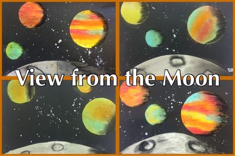 View from the Moon, outer space art with chalk pastels. Space Art Lesson, Moon School Project, Space Themed Art, Space Art Elementary, Outer Space Art Projects, Space Art Lesson Middle School, Space Art Projects For Kids, Outer Space Art Lessons Elementary, Outer Space Themed Art Projects