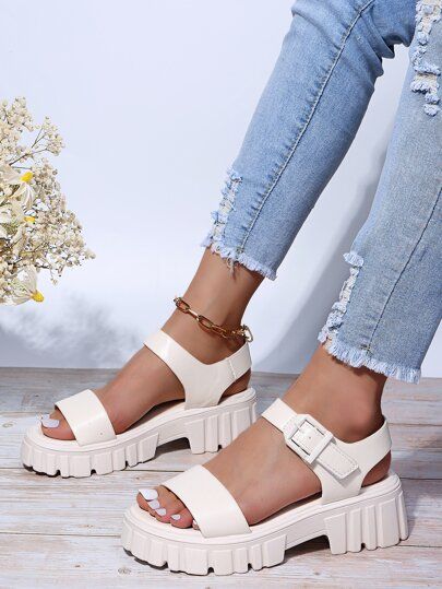 Minimalist Buckle Decor Chunky Sandals | SHEIN USA White Chunky Sandals Outfit, Wedge Shoes Outfits, Platform Wedge Sandals Outfit, Chunky Sandals Outfit, Wedges Shoes Outfit, Wedge Sandals Outfit, White Chunky Sandals, Luxury High Heels, Korea Shopping