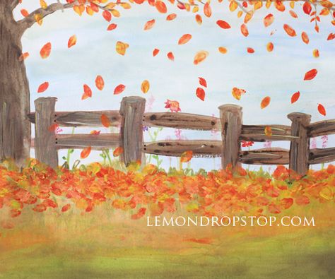 Fall scene Tree Drawing Fall, Fence Painting Canvas, Fall Scenery Drawing, How To Draw Autumn Trees, Fall Mural Ideas, Autumn Drawing Ideas Fall Trees, Fall Scene Drawing, Fall Trees Drawing, Fall Tree Drawing