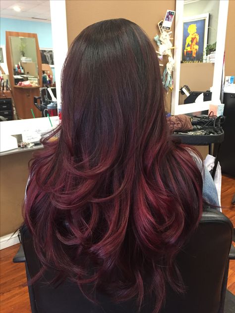 Dark Wine Balayage, Black Red Hair Balayage, Cherry Red Hair Color On Black Hair, Cherry Black Balayage, Red Cherry Balayage, Red Hair Balayage Black, Black Hair With Dark Red Balayage, Red Burgundy Balayage Hair, Wine Red Hair On Black Hair