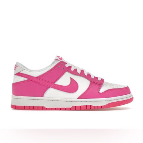 The Nike Dunk Low Laser Fuchsia (Gs) Offers An Iconic Silhouette Dressed In A Crisp, Clean, Dual Colorway That Nike Rolled. This White Is Echoed In The Leather Heel Tab, The Laces, The Tongue, And The Mesh Sock Liner. Overlays Of Smooth Fuchsia Leather Adorn This Shoe, Providing Hits Of Bright Contrast. The Insole Is Also Bright Pink With White Nike Branding, And Fuchsia Nike Branding Adorns The Heel And Woven Tongue Tag. What We Enjoy Most About This Colorful Sneaker Is The Way The Sole Unit Lo Fuchsia Shoes, Shoes Wishlist, Nike Embroidery, Retro Basketball Shoes, Retro Basketball, Spaghetti Strap Bodycon Dress, Plus Size Bodycon Dresses, April 12, Women Sneakers