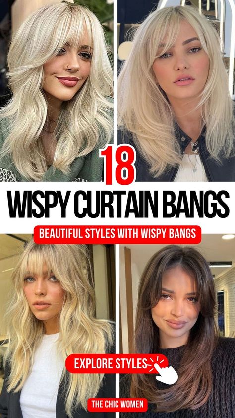 Wispy Curtain Bangs Hairstyles for Long-Haired Beauties Fall Blonde With Curtain Bangs, Soft Long Bangs, Side Part Wispy Bangs Long Hair, Wispy Bangs Side Part, Whisky Bangs Long Hair, Wispy Curtain Bangs Round Face, Hair Styles With Curtain Bangs, Bridget Bardot Bangs, Long Hair With Wispy Bangs