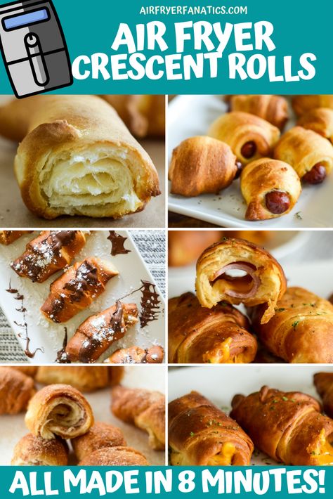 Learn how to make some easy recipes in the air fryer or ninja foodi with these Air Fryer Pillsbury Crescent Roll Recipes! Air Fryer Crescent Roll Doughnut, Crescent Roll Breakfast Recipes Air Fryer, Cresent Roll Recipes Air Fryer, Crescent Roll Air Fryer Recipes, Crescent Roll Air Fryer, Air Fryer Crescent Roll Recipes, Crescent Rolls In Air Fryer, Air Fryer Crescent Rolls, Air Fryer Pillsbury