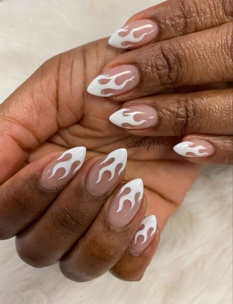 Light Pink Flame Nails, Fire Nails Designs Almond, Fire Print Nails, Neutral Flame Nails, Almond Fire Nails, Fire Nails Almond, Summer Nails Flames, Nail Art Flames Tutorial, Almond Nails Fire Design