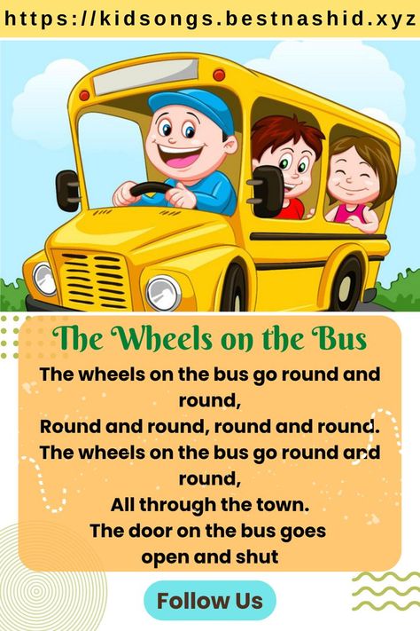 The Wheels on the Bus - Dance Songs The wheels on the bus go round and round, Round and round, round and round. The wheels on the bus go round and round, All through the town. The door on the bus goes open and shut, Open and shut, open and shut. The door on the bus goes open and shut, All through the town. Wheels On The Bus Go Round And Round, The Wheels On The Bus Song, Wheels On The Bus Song, School Bus Art, The Wheels On The Bus, Bus Art, Shut The Door, Dance Songs, Round Round