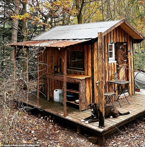 Bushcraft Cabin, Mini Cabin Ideas, Old Cabin Interior, Small Hunting Cabin, Primitive Shelter, Rustic Small Cabin, Shed Roof Cabin, Log Stairs, Japanese Cabin