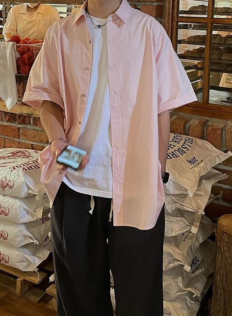 Pink Outfit For Men Casual, Pink Aesthetic Outfits Men, Pink Button Up Shirt Outfit Men, Coquette Boy Outfit, Pink Button Up Shirt Outfit, Gary Prince, Pastel Outfit Men, Black Pants White Shirt, Coquette Men