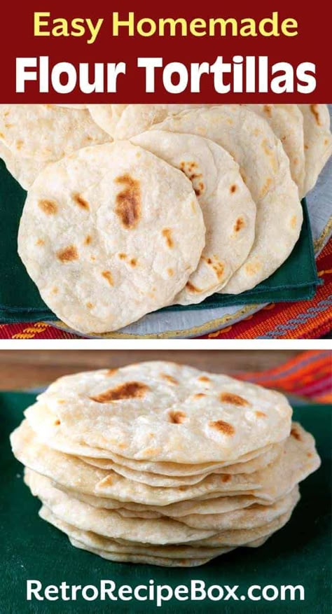 Homemade Flour Tortillas are easy to make and taste better than store bought. With a few basic ingredients and a little time, you can have fresh, soft flour tortillas ready for tacos, burritos, and more! flour tortilla recipe by retrorecipebox.com #tortillas #flourtortillas #recipe #tortillarecipe Flour Tortilla Recipe With Lard, Tortilla Recipe With Lard, Soft Tortilla Recipe, Homemade Taco Shells, Easy Tortilla Recipe, Flour Tortilla Recipe, Soft Flour Tortillas, Taco Shell Recipe, Homemade Tortilla Recipe