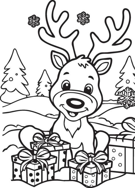 Festive Reindeer and Gifts Holiday Coloring Page for Kids Reindeer Coloring Pages Free Printable, Rudolph Coloring Pages, Reindeer Coloring Pages, Christmas Cup, Heart Tree, Red Nosed Reindeer, Christmas Drawing, Cityscape Photos, Heart With Arrow