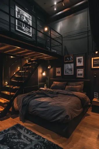 ↑↑↑ Larger size on website 🔸 The image shows a modern, minimalist bedroom with a loft above. The room is decorated in a dark and  🔸 From Midjourney AI Image Black Metal Staircase, Bedroom With A Loft, Dark Grey Bedding, Moody Palette, Modern Minimalist Bedroom, Comfy Bedroom, Bedroom Trends, Industrial Bedroom, Bedroom Decor Inspiration