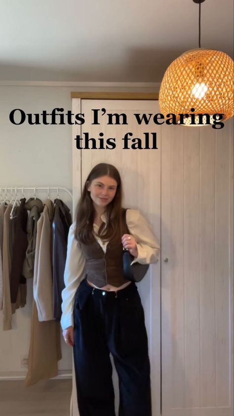 Brown Blazer Outfit Aesthetic, Button Vest Outfits Aesthetic, Light Academia Outfit With Jeans, White Waist Coat Outfit Women, Women In Waistcoats Aesthetic, Brown Suit Vest Outfits For Women, Black Buttoned Vest Outfit, Suit Vest Outfits Aesthetic, Crewneck And Vest Outfit