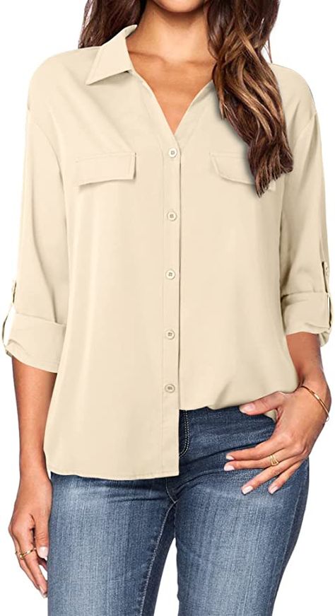 Lotusmile Black Button Down Shirts for Women, Women's Chiffon 3/4 Sleeve Work Tops for Office Relaxed Fit Collared Blouses Business Casual Formal Blouse Workwear Professionals Clothes at Amazon Women’s Clothing store Casual Chiffon Blouse, Office Business Casual, Chiffon Tops Blouses, Dressy Shirts, Dressy Blouse, Blouse Tops, Office Business, Work Wear Women, Work Tops