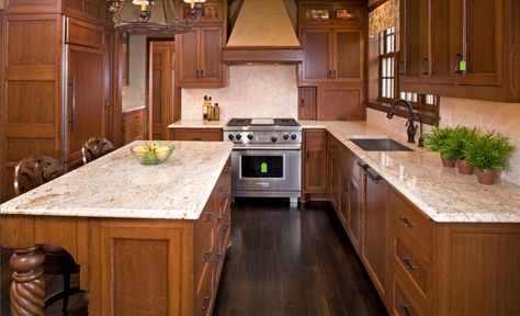 Like the cabinet color with tops. Cream with cinnamon countertops Tudor Kitchen, Honey Oak Cabinets, Kitchen Remodel Countertops, Oak Kitchen Cabinets, Oak Kitchen, Oak Cabinets, Kitchen Redo, Trendy Kitchen, Counter Tops