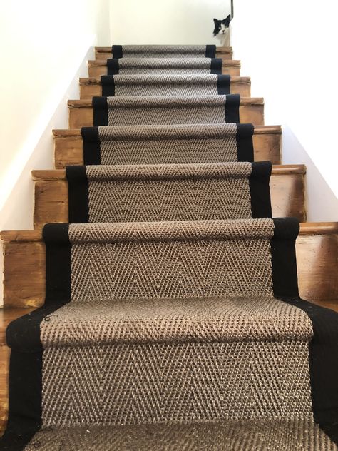 Stair Runner On Wood Stairs, Jute Herringbone Stair Runner, Wooden Staircase Runner, Exposed Wood Stairs, Stair Runner Oak Stairs, Stair Runner Wooden Stairs, Berber Stair Runner, Wooden Stair Runner, Carpet Runner On Wood Stairs