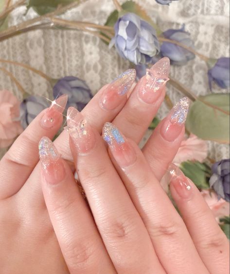 Spring inspired nails with butterfly and gem decorations Nails For Debut, Clear Butterfly Nails Short, Korean Jelly Nails Butterfly, Butterfly Clear Nails, Butterfly Nail Gem, 3d Acrylic Butterfly Nail Art, Nail With Charms Ideas, Butterfly Nail Charm Designs, Butterfly Nail Charm Nails