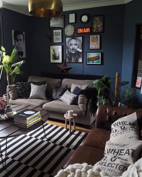 7 Industrial Living Room Ideas That Will Stop You in Your Tracks | Hunker Ruang Tv, Holiday Living Room, Minimal Living Room, Deep Sofa, Minimal Furniture, Black Living Room, Industrial Livingroom, Living Room Trends, Dark Walls