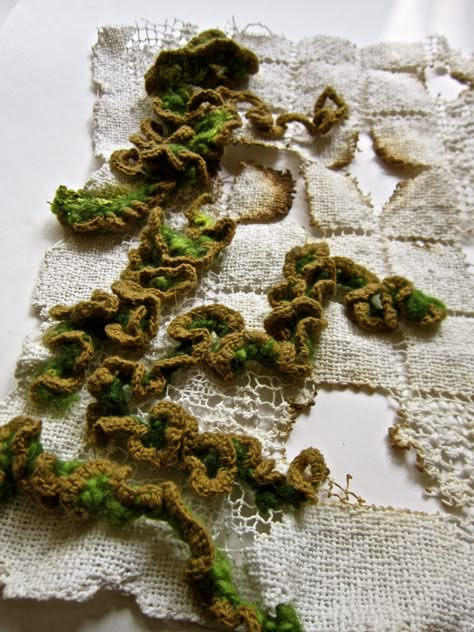 Linen crochet'd on handspun yarn embroidered onto vintage lace - Irem Arig Lichen Embroidery, Organic Crochet, Decay Art, A Level Textiles, Growth And Decay, Natural Structures, Natural Textiles, Textile Fiber Art, Fibres Textiles