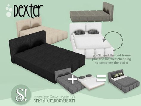 SIMcredible!'s Dexter bed frame The Sims 4 Pack, Sims 4 Cc Furniture Living Rooms, Sims 4 Beds, Sims 4 Tsr, Mod Furniture, The Sims 4 Pc, Sims 4 Bedroom, Free Sims, Casas The Sims 4