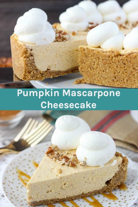 The perfect Pumpkin Cheesecake recipe! Smooth and creamy, this No-Bake Pumpkin Mascarpone Cheesecake is a pumpkin cheesecake with mascarpone cheese & whipped cream with a buttery graham cracker crust. #pumpkincheesecake #cheesecake #nobakecheesecake #nobakepumpkincheesecake Pumpkin Mascarpone Cheesecake, Cheesecake With Mascarpone Cheese, Recipes With Mascarpone Cheese, Cherry Smoothie Recipes, Pear And Almond Cake, No Bake Pumpkin Cheesecake, Pumpkin Cheesecake Recipes, Chocolate Fudge Brownies, Holiday Baking Recipes