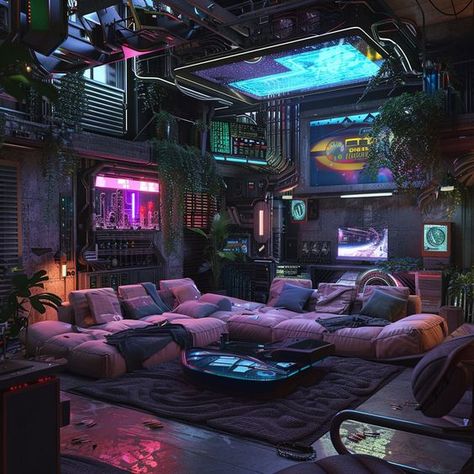 Cyberpunk Apartment Interior Design, Cyberpunk Setup, Dark Room Interior, Cyberpunk Aesthetic Room, Cyberpunk Room Interiors, Cyberpunk Home, Cyberpunk Living Room, Cyberpunk Interior Design, Cyberpunk House