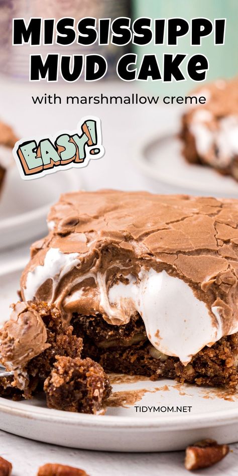 Ultimate Chocolate Poke Cake With Marshmallow Fluff, Chocolate And Marshmallow Cake, Chocolate Cake With Marshmallow Fluff, Mud Pies Recipe, Marshmallow Chocolate Cake, Mississippi Mud Cake Old Fashioned, Desserts With Marshmallow Creme, Mississippi Mud Cake Recipe, Missippi Mud Cake Recipe