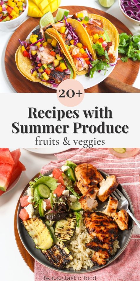 Looking for seasonal summer recipe ideas? Summer is in full swing, so it’s a perfect time to share some of my favorite recipes with summer fruits and vegetables, including peaches, berries, watermelon, cucumbers, zucchini, and more. Enjoy the fresh flavors of summer produce! Fruit And Vegetable Meals, Summer Recipe Ideas, Summer Fruits And Vegetables, Summer Produce Recipes, Lemon Zucchini Muffins, Blueberry Custard Pie, Baked Goods Desserts, Rhubarb Bread, Strawberry Vinaigrette