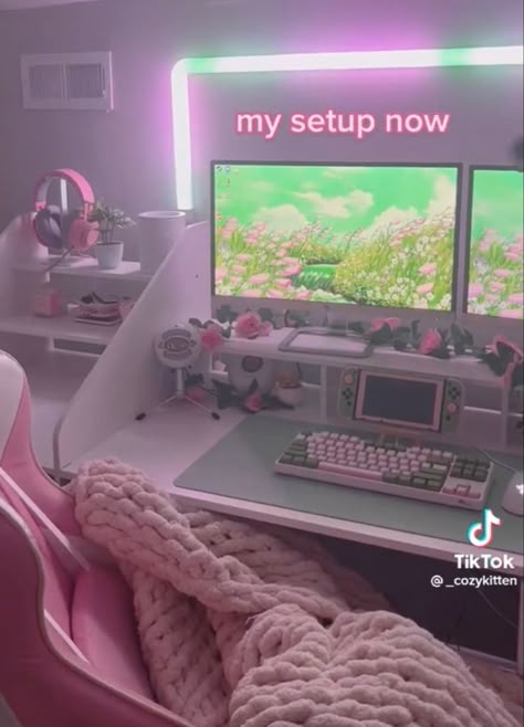 Things You Need For Your Gaming Setup, Flower Gaming Setup, Gaming Setup Aesthetic Pink, Gaming Setup For Women, Pink And White Gaming Setup Aesthetic, Green And Pink Gaming Setup, Pink And Green Setup, Strawberry Gaming Setup, Pink Green Gaming Setup