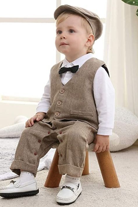 this is a baby boy tuxedo outfit 1940s Wedding, Gentleman Outfit, Hat With Bow, Suspender Pants, Vest Coat, Popular Outfits