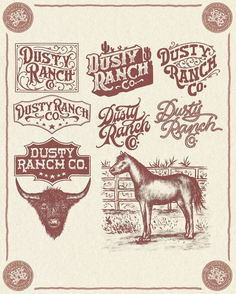 Dusty Ranch Co. Design Concepts 🤠 . #wakjaystudio available for commissions DM or Email me In bio for a project. Thank you 🤙🏻 . . . . . . . #appareldesign #logotype #rodeo #clothing#westernvibes #westernvibes #adventuretravel #ranchvibes #branding #creek #designlogo#rodeofashion #brand #vintage #vintagelogo #camp #logobranding#ranch #arizona #desert #letteringdesign#vintageapparel #arizona🌵 #adventure #company #cowboy #ranchlife Vintage Clothing Branding, Vintage Western Logo, Ranch Logo Design Ideas, Western Packaging, Cowboy Graphic Design, Typeface Inspiration, Rodeo Design, Retro Logo Inspiration, Artist Merch