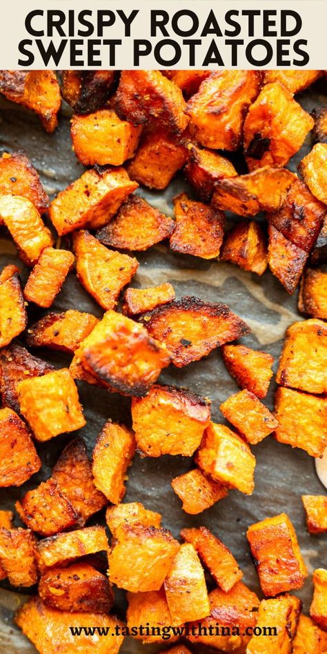 These irresistible Crispy Roasted Sweet Potatoes are the perfect side dish for any meal. Not only are they super easy to make, but they're also bursting with flavor thanks to the simple seasoning and a hint of heat from red pepper flakes. This will become one of your favorite sweet potato recipes in no time! Sweet Potato Seasoning Roasted, Are Sweet Potatoes Good For Diabetics, Ranch Sweet Potatoes, Sweet Potatoes And Carrots Roasted, Sweet Potato Recipes Crispy, Easy Roasted Sweet Potato Recipes, Seasoned Sweet Potatoes, Herb Roasted Sweet Potatoes, Sweet Potato On Blackstone