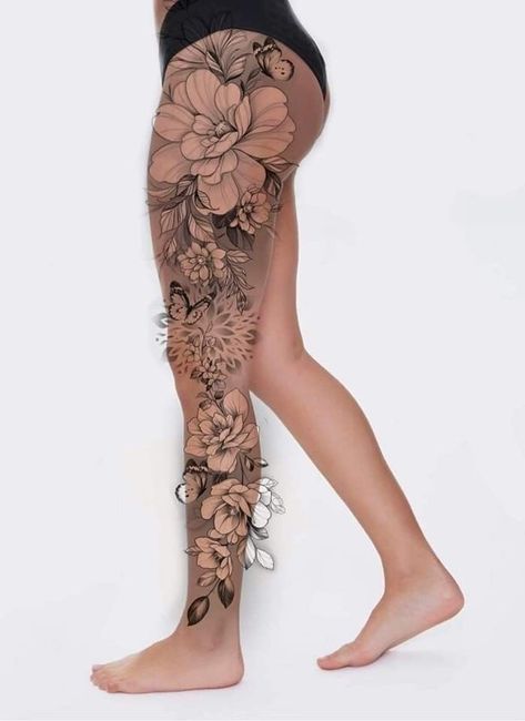 Floral Leg Tattoos For Women, Flower Leg Sleeve, Floral Leg Sleeve Tattoo, Lace Sleeve Tattoos, Hip Tattoo Designs, Feminine Skull Tattoos, Arm Sleeve Tattoos For Women, Floral Thigh Tattoos, Full Leg Tattoos