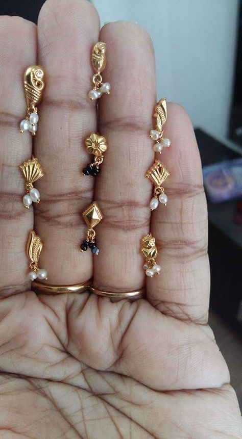 New Model Gold Bangles Designs, Kids Earrings Gold Indian, Nallapusalu Earrings, Baby Earrings Gold Indian, Ear Studs Indian Gold, Gold Kammalu, Kammalu Designs, Black Beads Ear Rings Gold, Gold Earrings For Kids