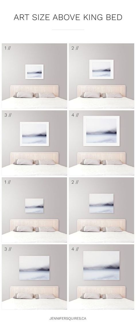 Ideal Art Size Above King Bed // Tips for choosing art size and hanging art in Master Bedroom Art Size Above King Bed, Bedroom Art Above Bed, Coastal Bedroom Decor, Modern Coastal Bedroom, Bedroom Wall Decor Above Bed, Wall Decor Above Bed, Coastal Bedroom Decorating, Cama King Size, Art Above Bed