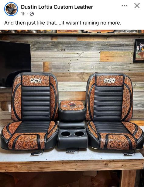 Custom Leather Seats Truck, Custom Leather Truck Interior, Square Body Interior Ideas, Custom Truck Interior Ideas, Punchy Car Accessories, Tooled Leather Truck Interior, Truck Decorations Interior Western, Western Truck Decor, Western Truck Interior