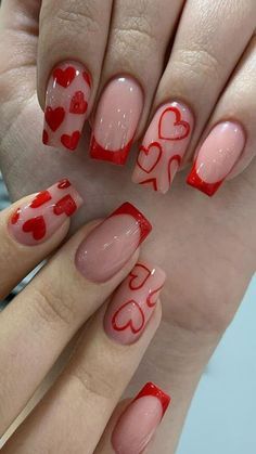 Nails With Red Heart, French Tip Fake Nails, Nails With Red, Nails Medium Length, Unghie Nail Art, Nails Yellow, Valentine Nail Art, Hello Nails, Press On Nails Medium