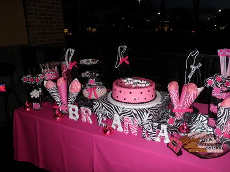 Pink and of course for you animal print lovers zebra Y2k Party Theme, Buffet Birthday Party, 2000s Birthday Party Theme, Y2k Birthday Party, Zebra Print Party, Candy Buffet Birthday, Zebra Birthday Party, Black Dessert, Zebra Birthday